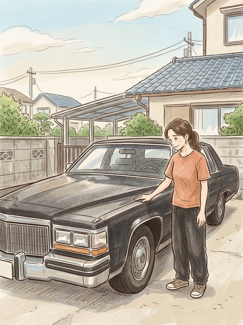 女性が大きくて立派なアメリカの高級車（黒いセダン）の横に立ちのイラスト