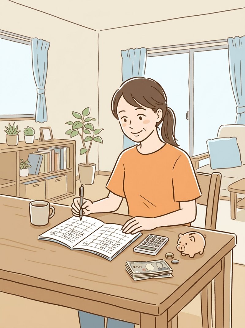 女性がガソリンスタンドではなく、家計簿を見て、浮いたお金に笑顔になっているのイラスト